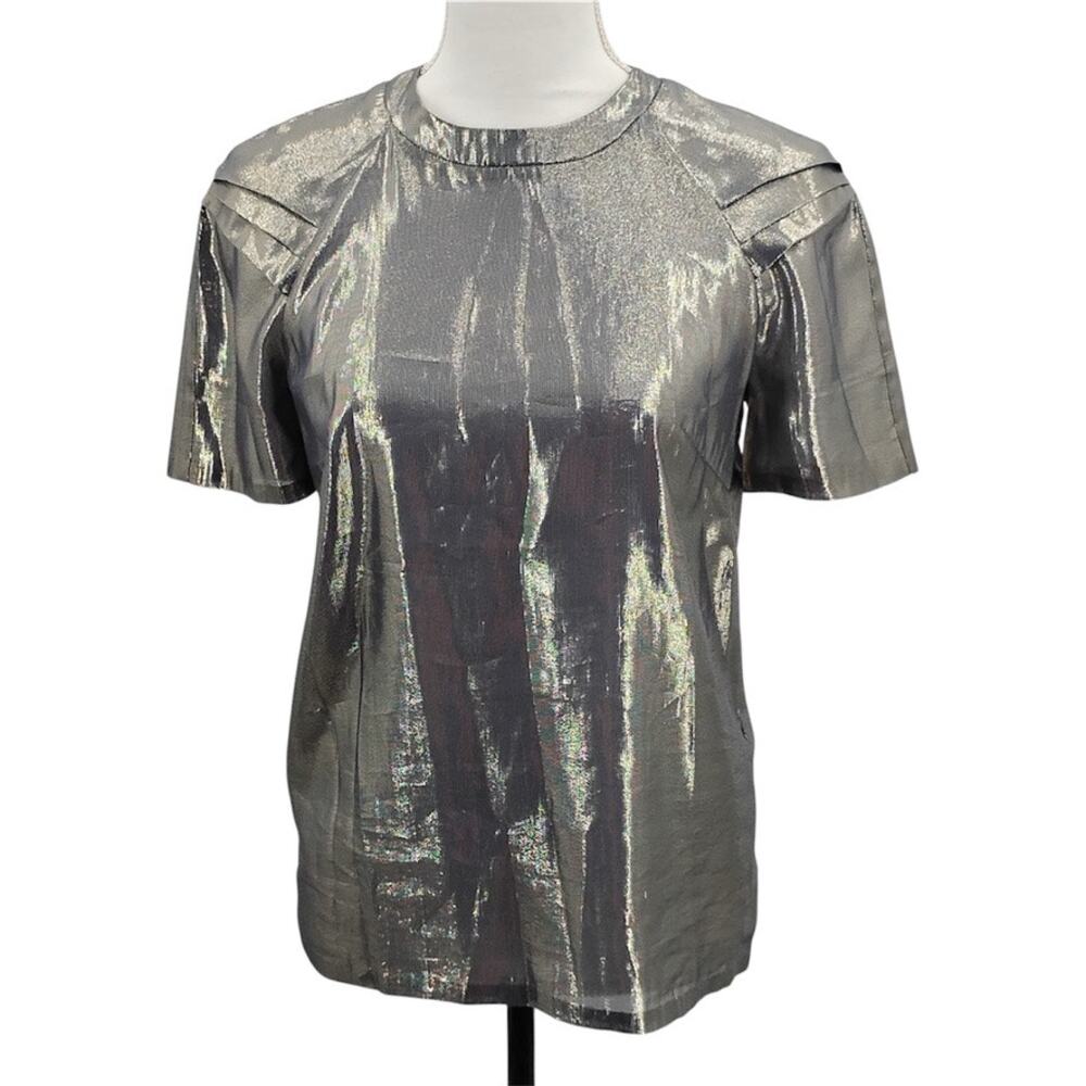 Opening Ceremony Metallic Pleated Top Silk Lurex Futuristic Silver Size 2
